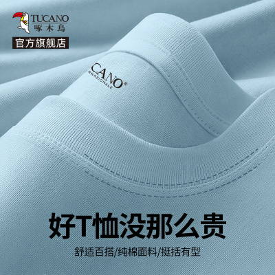 啄木鸟纯棉圆领长袖男秋季重磅宽松大尺码打底衫男士浅蓝色T恤上衣Y