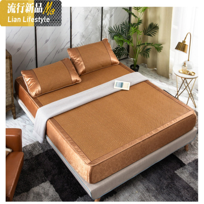 凉席三件套夏季席冰丝席床笠款可折叠天然藤席1.5米1.8m床席子 三维工匠