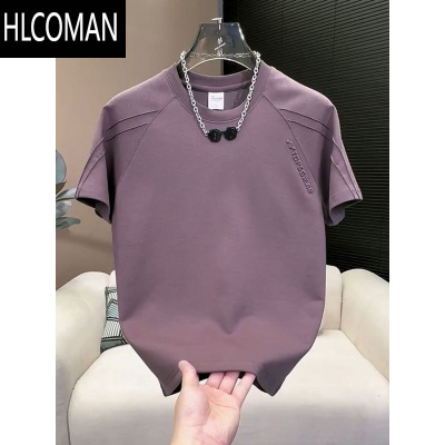 HLCOMAN2025夏季新款男士立体裁剪潮流圆领短袖T恤时尚拼接字母压花上衣