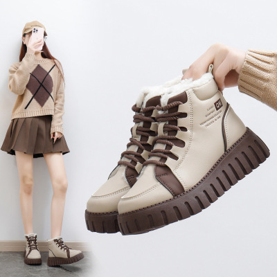 厚底女鞋新款冬季高帮加绒保暖老爹鞋百搭增高休闲雪地靴
