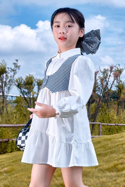 [1件3折]秋季新款女童长袖连衣裙撞色格子百搭连衣裙假两件衬衫裙