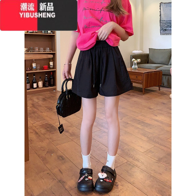 YIBUSHENG大码港风纯色休闲裤女季百搭抽绳运动短裤胖MM直筒阔腿宽松裤子