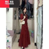 YIBUSHENG法式红色连衣裙子女小个子高级感泡泡袖2024新款季气质收腰长裙