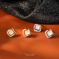 s999足银方形猫眼石耳钉女几何轻奢高级感小众设计微镶锆耳饰批发送女朋友老婆情人节七夕生日礼物