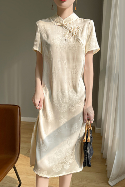 年春夏新款新中式国风缎面旗袍女盘扣短袖连衣裙提花气质长裙