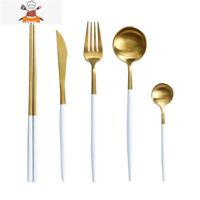 304不锈钢刀叉勺筷网红ins风西餐餐具套装情侣四件套家用牛排刀叉 敬平 白金全系列5件套