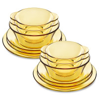 康宁(VISIONS)康宁餐具套装12件组 琥珀色耐热玻璃碗碟盘套装饭碗盘子家用