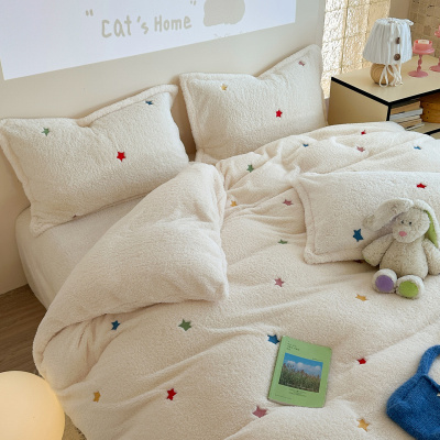 冬季加厚牛奶绒刺绣床上四件套法兰珊瑚绒被套床单人儿童床笠床品