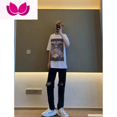 七斓新款高街破洞黑色牛仔裤弹力宽松百搭直筒长裤子网红潮牌男女同款