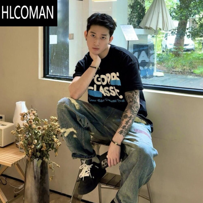 HLCOMAN黑色t恤男生短袖美式高街夏季2025新款青少年情侣装上衣