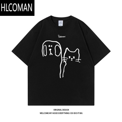 HLCOMAN潮牌简约趣味猫猫狗狗印花短袖男女同款体恤2024夏季新款圆领上衣