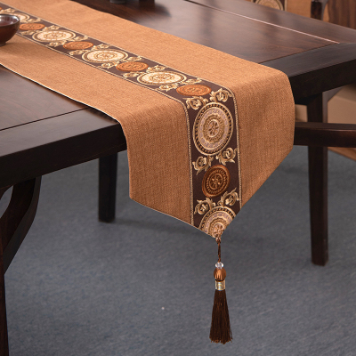 新中式禅意桌旗美式茶几餐桌布艺长条电视柜盖巾现代简约北欧床 阖家圆-卡其 33*180cm(适用桌长1.3米-1.4米)
