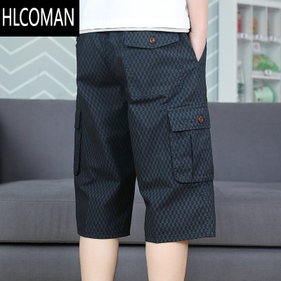 HLCOMAN黑色小格子满印多口袋七分裤男士夏季薄款大码工装休闲中短裤