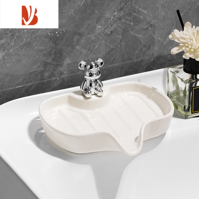 三维工匠轻奢陶瓷肥皂盒香皂置物架免打孔创意沥水架不积水家用收纳器 银色陶瓷小熊肥皂碟-白色款