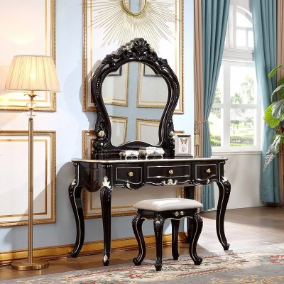 欧式梳妆台卧室公主化妆台美式轻奢梳妆台简欧网红黑色新古典