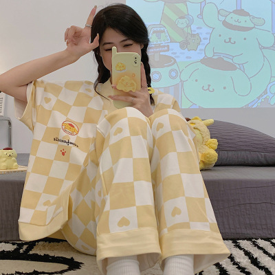 春秋季短袖长裤棉质睡衣两件套女卡通可爱少女感可外穿家居服套装
