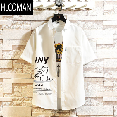 HLCOMAN夏季日系涂鸦短袖衬衫男士潮牌宽松半袖大码韩版潮流休闲衬衣外套