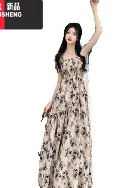 YIBUSHENG2024新款气质吊带长裙季度假风仙碎花高腰显廋连衣裙