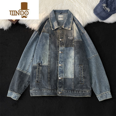 YANXU美式复古拼接潮牌工装外套男街头嘻哈设计感水洗情侣牛仔夹克男款