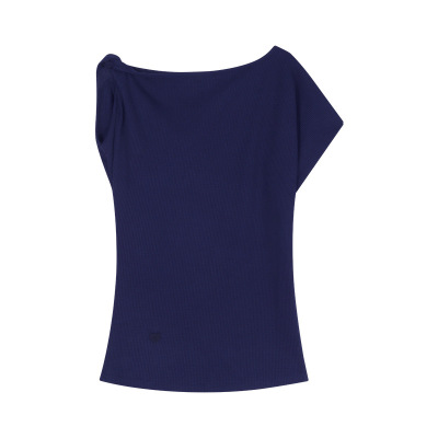 华夫格斜肩短袖修身T恤女2025夏季休闲显瘦气质不规则百搭上衣潮