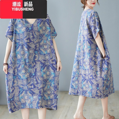 YIBUSHENG胖妹妹装2024新款大码女装棉麻中长款减龄遮肚子短袖V领连衣裙
