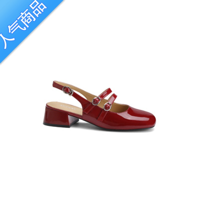 SUNTEK法式复古方头双扣带后空凉鞋女夏季新款粗跟玛丽珍鞋单鞋中跟