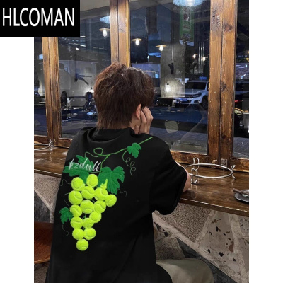 HLCOMAN美式高街刺绣葡萄黑色短袖t恤男装夏季宽松国潮牌情侣装上衣