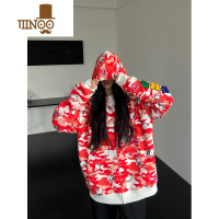 YANXUBKCC美式街头满印迷彩外套猫咪印花连帽卫衣男女款情侣百搭潮