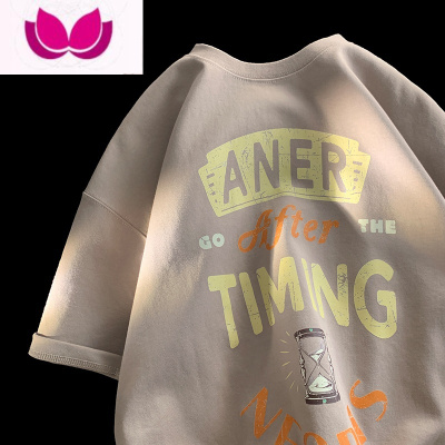 七斓美式复古字母印花短袖t恤男潮牌青少年夏季体桖男装上衣服半袖5分