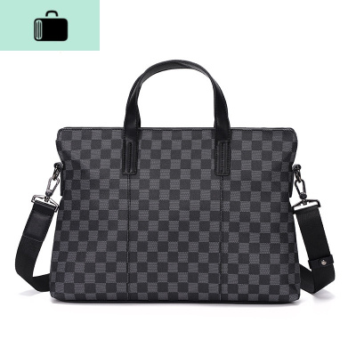 轻商务男士手提文件包休闲出差电脑包公文包格子皮质单肩包2020潮NEW LAKE 黑色-格子男士手提包