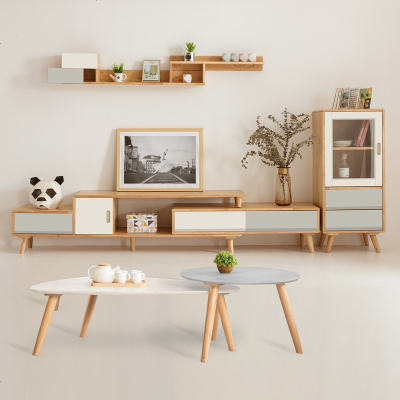 北欧风格现代简约小户型茶几电视柜组合实木家用原木客厅卧室伸缩