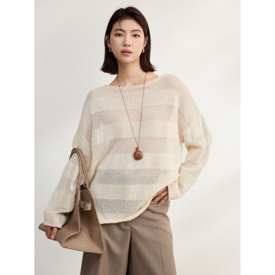 慵懒风 和纸纱镂空针织衫女长袖T恤春夏新款一字领宽松防晒罩衫薄