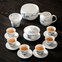 苏氏陶瓷(SUSHI CERAMICS)手绘羊脂玉茶具省级陶瓷艺术大师陈建瑞手工山水画三才盖碗礼盒装
