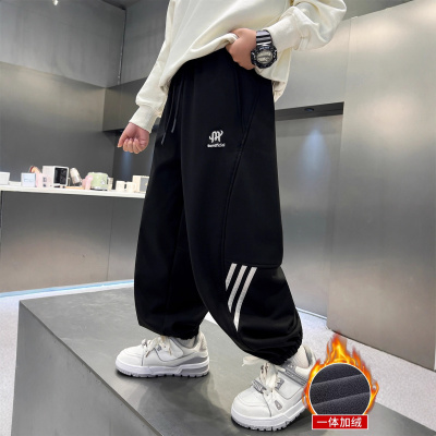 男童加绒裤子新款男孩冬季运动大儿童秋冬款一体绒加厚卫裤潮