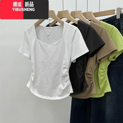 YIBUSHENG大码方领正肩短袖t恤女胖mm咖色褶皱收腰短款设计感不规则上衣