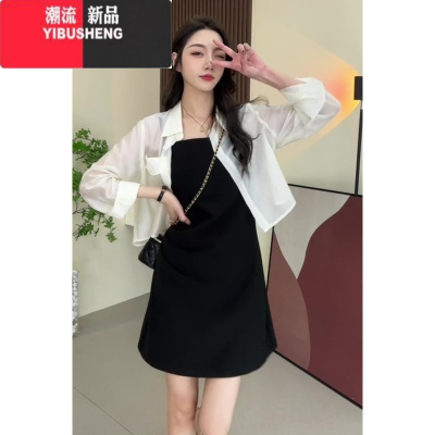 YIBUSHENG气质黑色吊带连衣裙外搭罩衫女季防晒开衫配吊带裙衬衫裙子套装