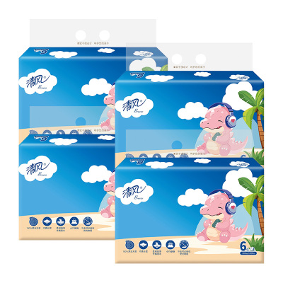 清风抽纸3层100抽6包4提卡通湿水不易破原生木浆BR40AB