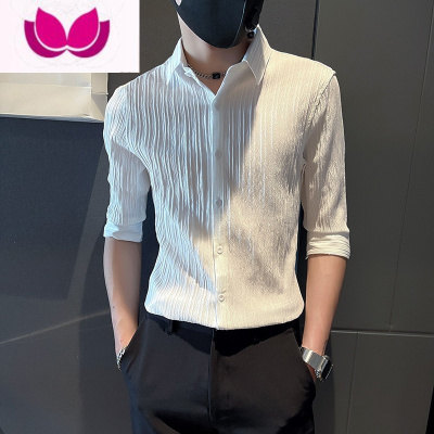 七斓七分袖衬衫男夏季薄款半袖商务短袖上衣社会小伙修身冰丝条纹衬衣