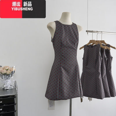 YIBUSHENG复古波点连衣裙春季女收腰背心裙无袖短款裙子
