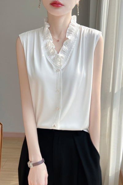 内搭衬衫木耳边领无袖大码女装清新百搭开衫背心2025春夏叠穿衬衣