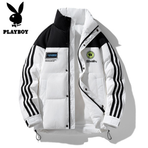 花花公子新款白鸭绒立领外套潮款拼接撞色羽绒服阔版保暖