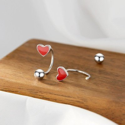 s925银针红色爱心耳钉女气质甜美弯钩螺丝拧设计简约睡觉免摘耳饰送女朋友老婆情人节七夕生日礼物