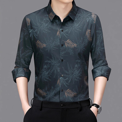 春秋季新款碎花长袖衬衫翻领开衫轻熟休闲衬衣中年男士上衣爸爸装