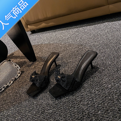 SUNTEK2023新款方头细跟黑色水钻一字带拖鞋外穿杨树林网红名媛高跟凉鞋