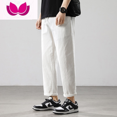 七斓亚麻裤男士夏季潮流宽松直筒休闲裤薄款男生透气百搭九分棉麻裤子