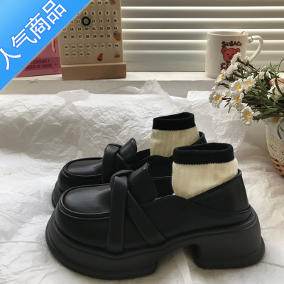 SUNTEK黑色春夏两穿小皮鞋女英伦风2023年新款复古厚底增高一脚蹬乐福鞋