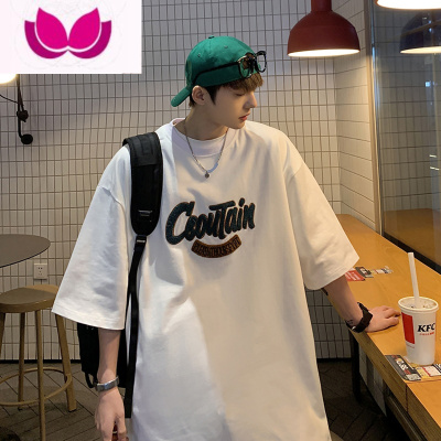 七斓240G短袖t恤男夏季ins潮流字母刺绣上衣宽松潮牌港风百搭体恤