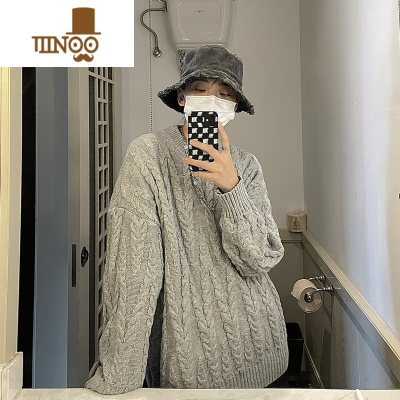 YANXU日系麻花宽松毛衣外穿男女情侣韩版设计慵懒风港风圆领针织外套男