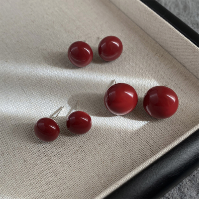 红色馒头珍珠纯银针耳钉女复古港风气质高级感耳环养耳洞耳饰品送女朋友老婆情人节七夕生日礼物