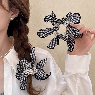 韩系黑白格子蝴蝶结珍珠发圈女小众高级感发绳后脑勺扎发皮筋头绳送女朋友老婆情人节七夕生日礼物